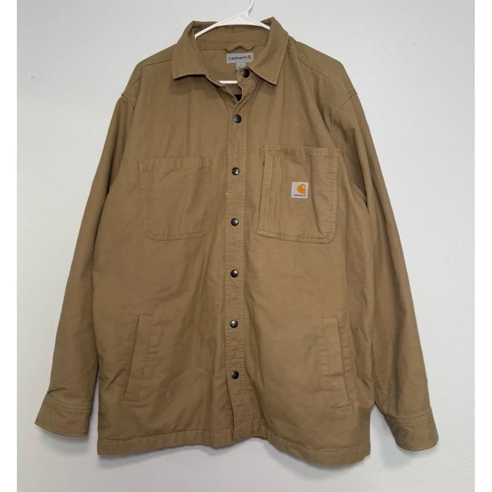 Carhartt Work Jacket Mens Size L Tan Chore Coat Button Front Rugged